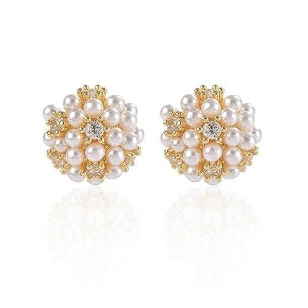 Gold Faux Pearl Floral Cluster Stud Earrings Cubic Zirconia